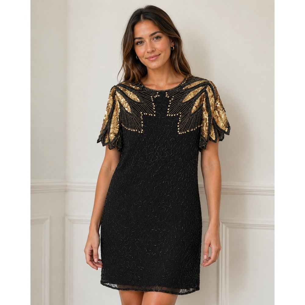 NWT Vintage 80s Beaded Silk Dress XL Gold Sequin Art Deco Glam
